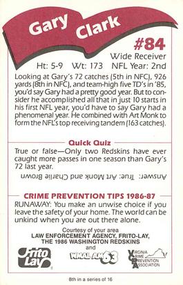 1986 Washington Redskins Police #8 Gary Clark Back