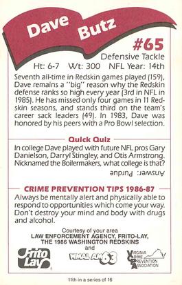 1986 Washington Redskins Police #11 Dave Butz Back