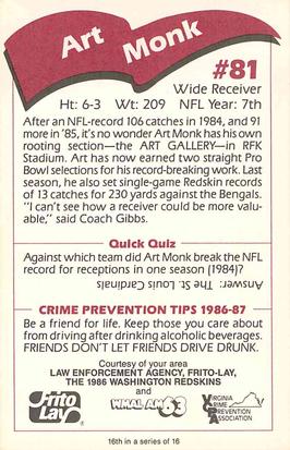 1986 Washington Redskins Police #16 Art Monk Back
