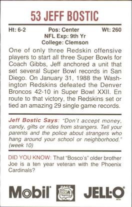 1988 Washington Redskins Police #NNO Jeff Bostic Back