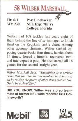 1990 Washington Redskins Police #NNO Wilber Marshall Back