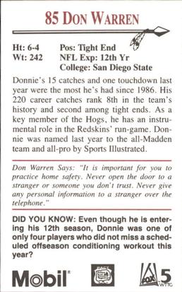 1990 Washington Redskins Police #NNO Don Warren Back