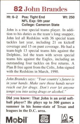 1991 Washington Redskins Police #1 John Brandes Back