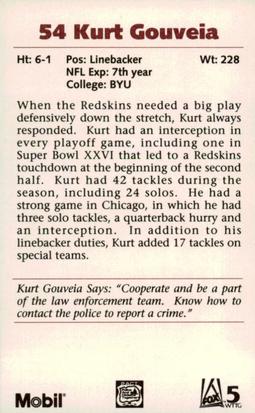 1992 Washington Redskins Police #7 Kurt Gouveia Back