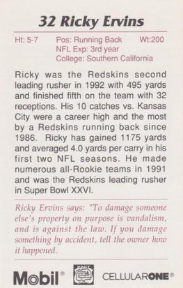 1993 Washington Redskins Police #5 Ricky Ervins Back