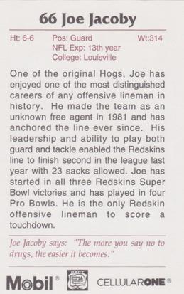 1993 Washington Redskins Police #8 Joe Jacoby Back
