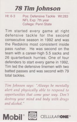 1993 Washington Redskins Police #9 Tim Johnson Back