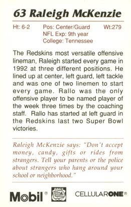 1993 Washington Redskins Police #13 Raleigh McKenzie Back