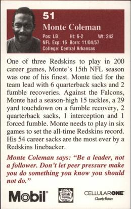 1994 Washington Redskins Police #2 Monte Coleman Back