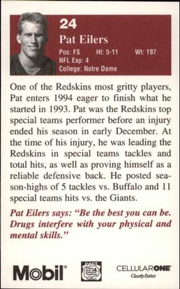 1994 Washington Redskins Police #4 Pat Eilers Back