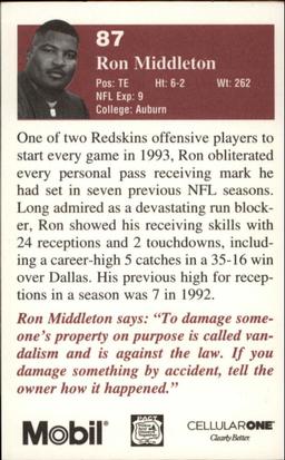 1994 Washington Redskins Police #12 Ron Middleton Back