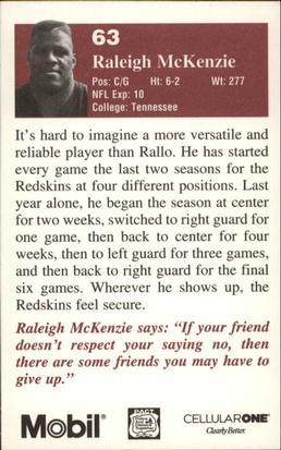 1994 Washington Redskins Police #14 Raleigh McKenzie Back