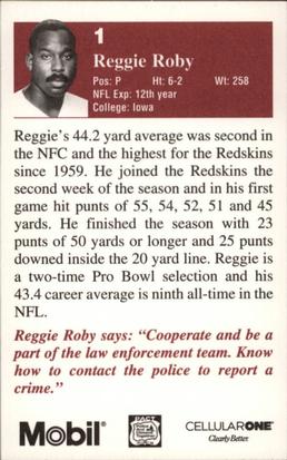 1994 Washington Redskins Police #15 Reggie Roby Back