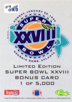 1994 Classic NFL Experience - Limited Edition Super Bowl XXVIII Bonus #3 Emmitt Smith Back