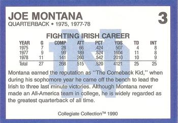 1990 Collegiate Collection Notre Dame - Promos #3 Joe Montana Back