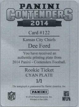 2014 Panini Contenders - Printing Plates Cyan #122 Dee Ford Back