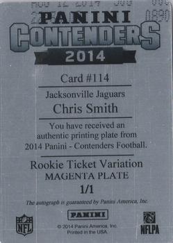 2014 Panini Contenders - Printing Plates Magenta #114 Chris Smith Back