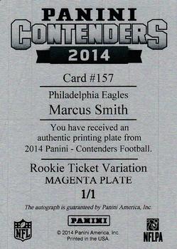 2014 Panini Contenders - Printing Plates Magenta #157b Marcus Smith Back