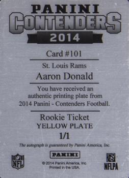 2014 Panini Contenders - Printing Plates Yellow #101 Aaron Donald Back