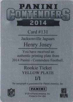 2014 Panini Contenders - Printing Plates Yellow #131 Henry Josey Back