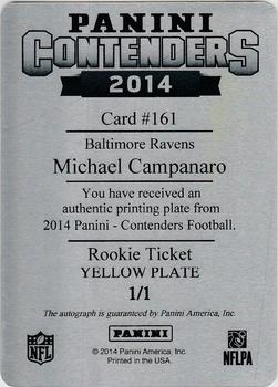 2014 Panini Contenders - Printing Plates Yellow #161 Michael Campanaro Back