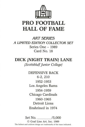 1989 Goal Line Hall of Fame Art Collection  #18 Dick Lane Back