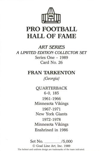 1989 Goal Line Hall of Fame Art Collection  #26 Fran Tarkenton Back