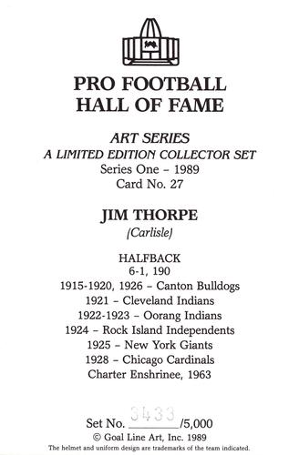 1989 Goal Line Hall of Fame Art Collection  #27 Jim Thorpe Back