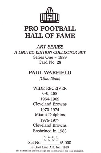 1989 Goal Line Hall of Fame Art Collection  #28 Paul Warfield Back