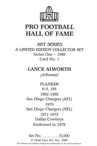 1989 Goal Line Hall of Fame Art Collection  #1 Lance Alworth Back