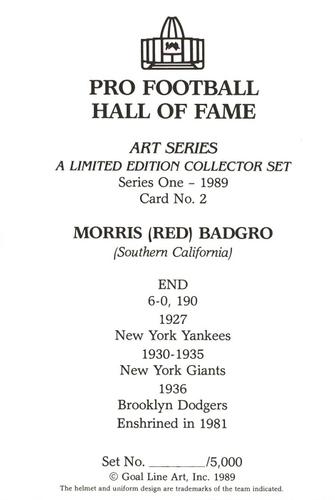 1989 Goal Line Hall of Fame Art Collection  #2 Morris Badgro Back