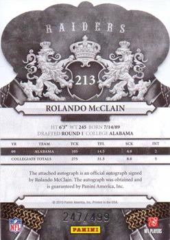2010 Panini Crown Royale #213 Rolando McClain Back