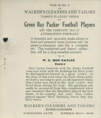 1932 Walker's Cleaners Green Bay Packers #6 W. E. Don Carlos Back