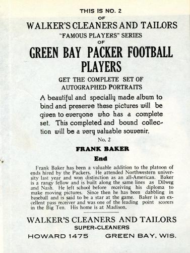 1932 Walker's Cleaners Green Bay Packers #2 Frank Baker Back