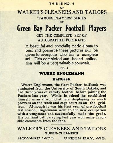 1932 Walker's Cleaners Green Bay Packers #4 Wuert Engelmann Back