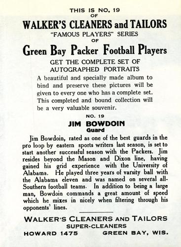 1932 Walker's Cleaners Green Bay Packers #19 Jim Bowdoin Back