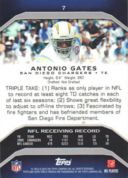 2010 Topps Triple Threads #7 Antonio Gates  Back