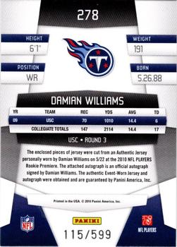 2010 Panini Certified #278 Damian Williams  Back