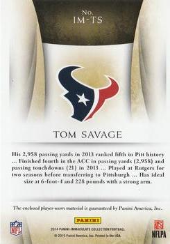 2014 Panini Immaculate Collection - Immaculate Logos #IM-TS Tom Savage Back
