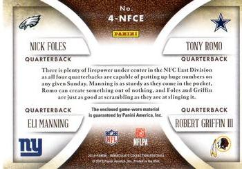 2014 Panini Immaculate Collection - Quad Jerseys Prime #4-NFCE Eli Manning / Tony Romo / Nick Foles / Robert Griffin III Back