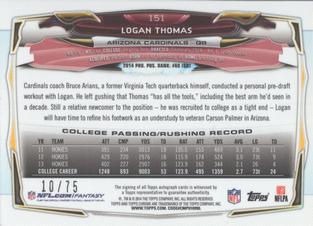 2014 Topps Chrome Mini - Rookie Autographs Pink Refractors #151 Logan Thomas Back