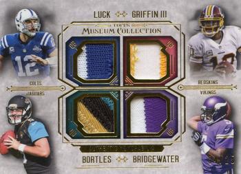 2014 Topps Museum Collection - Quad Player Relics Gold #FPQR-LBGM Johnny Manziel / Blake Bortles / Robert Griffin III / Andrew Luck Front