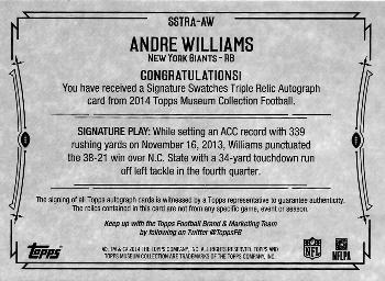 2014 Topps Museum Collection - Signatures Swatches Triple Relic Autographs #SSTRA-AW Andre Williams Back