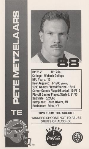 1994 Buffalo Bills Police #5 Pete Metzelaars Back
