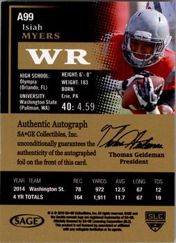 2015 SAGE HIT - Autographs Red #A99 Isiah Myers Back