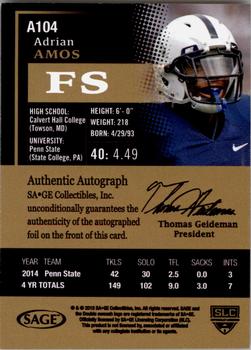 2015 SAGE HIT - Autographs Red #A104 Adrian Amos Back