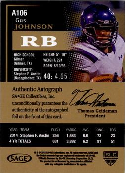 2015 SAGE HIT - Autographs Red #A106 Gus Johnson Back