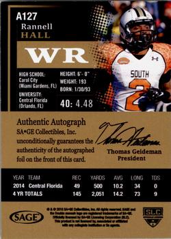 2015 SAGE HIT - Autographs Red #A127 Rannell Hall Back
