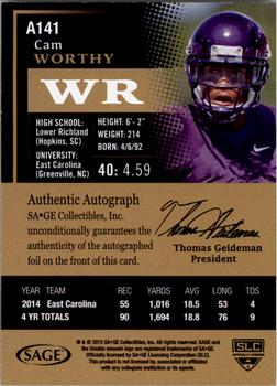 2015 SAGE HIT - Autographs Red #A141 Cam Worthy Back