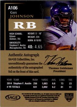 2015 SAGE HIT - Autographs Black #A106 Gus Johnson Back